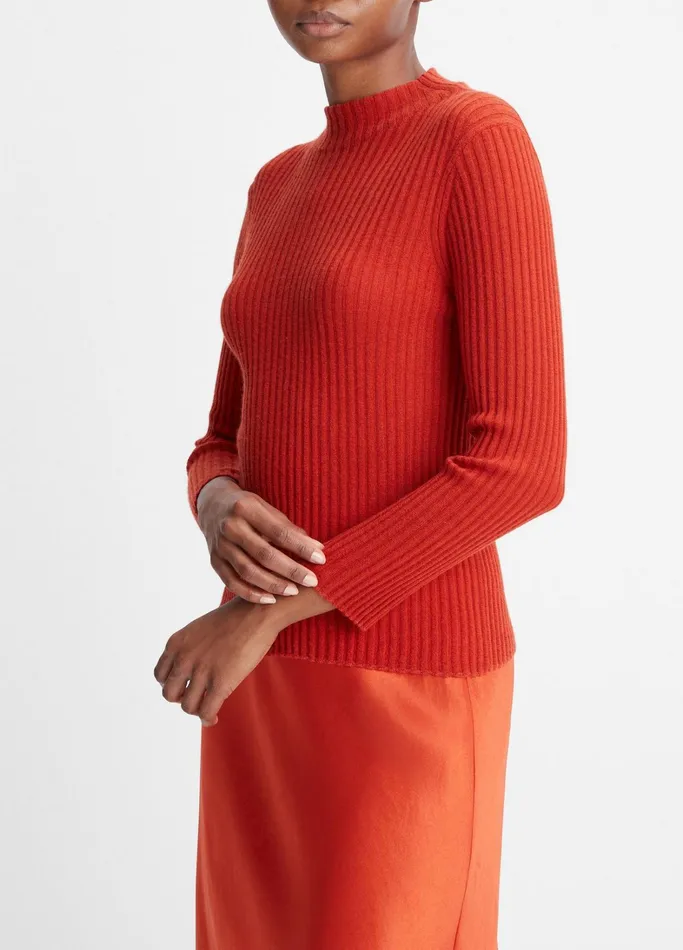Vince Sweaters Women Ribbed CashmereSilk Mock Neck Sweater Vermillion