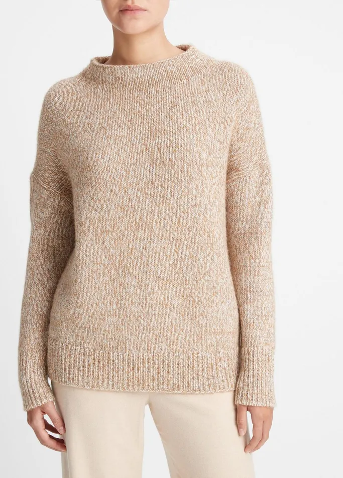 Vince Sweaters Women TweedEffect WoolBlend Funnel Neck Sweater Camel Marl Combo