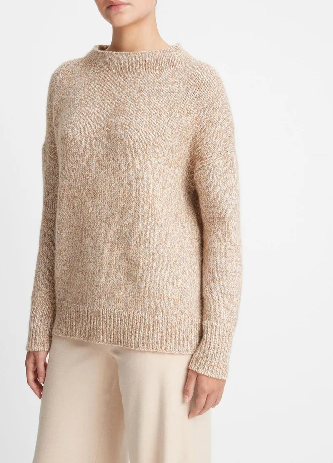 Vince Sweaters Women TweedEffect WoolBlend Funnel Neck Sweater Camel Marl Combo