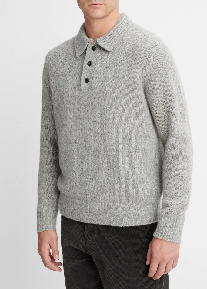 Vince TShirts and Polos Men Plush Cashmere Donegal Polo Medium Heather Grey
