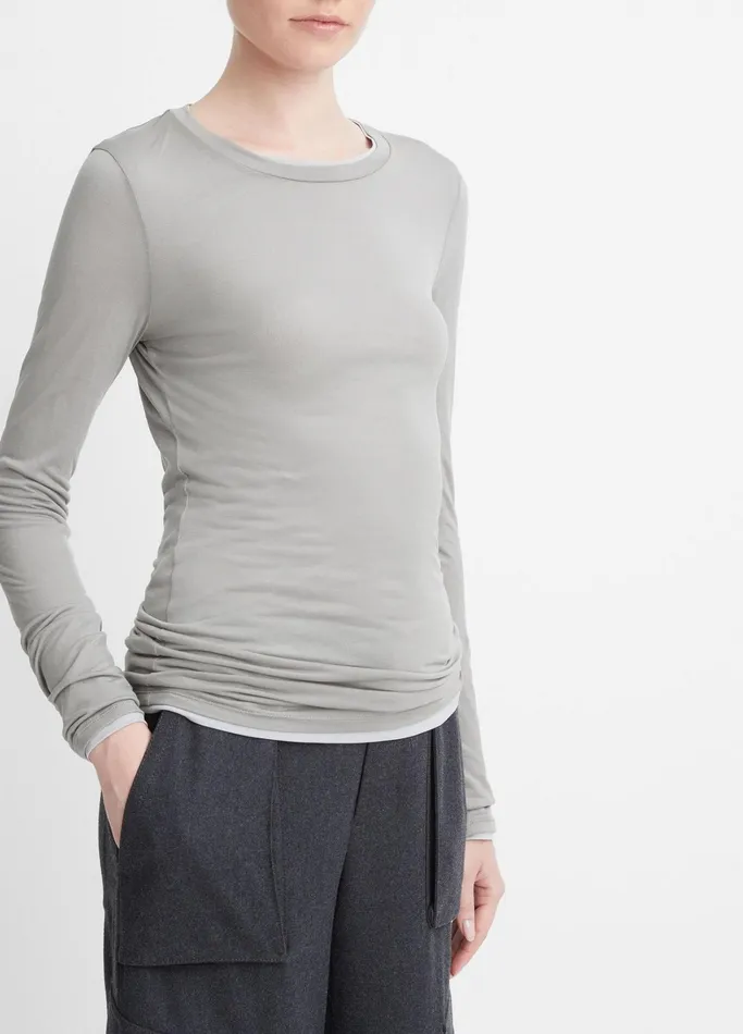 Vince TShirts Women DoubleLayer LongSleeve TShirt Medium Grey Combo