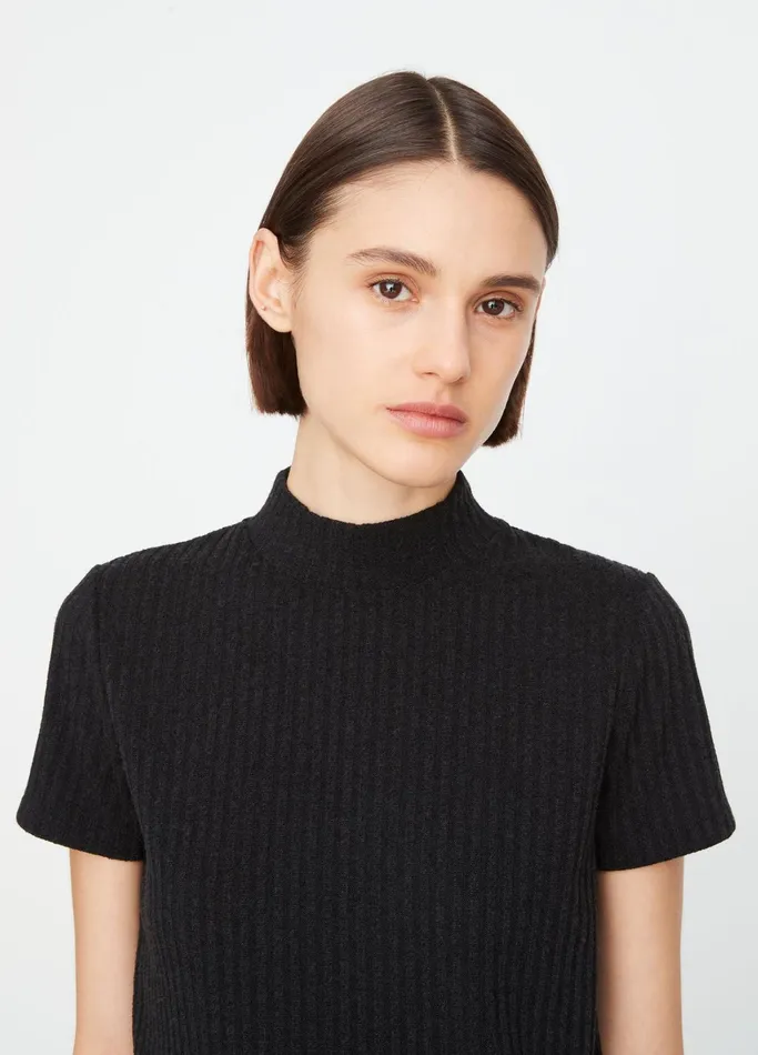 Vince TShirts Women Ribbed MockNeck ShortSleeve Top Heather Black