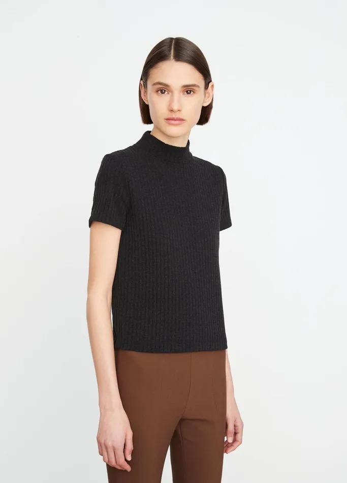 Vince TShirts Women Ribbed MockNeck ShortSleeve Top Heather Black