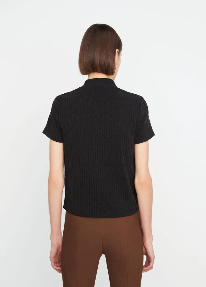 Vince TShirts Women Ribbed MockNeck ShortSleeve Top Heather Black