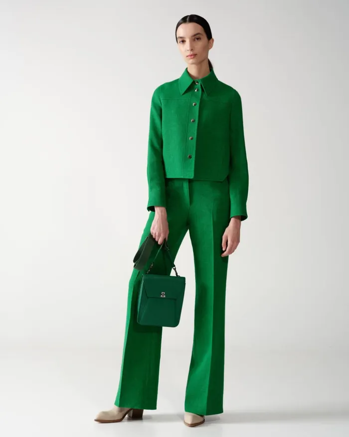 Wide Straight Leg Pants In Linen Wool DoubleFace Leaf Women Akris Pants