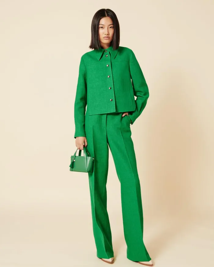 Wide Straight Leg Pants In Linen Wool DoubleFace Leaf Women Akris Pants