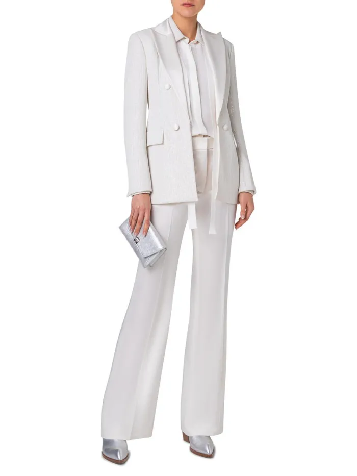 Wide Straight Leg Pants In Wool Satin Ivory Women Akris Pants