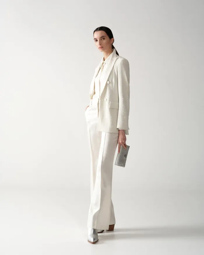 Wide Straight Leg Pants In Wool Satin Ivory Women Akris Pants