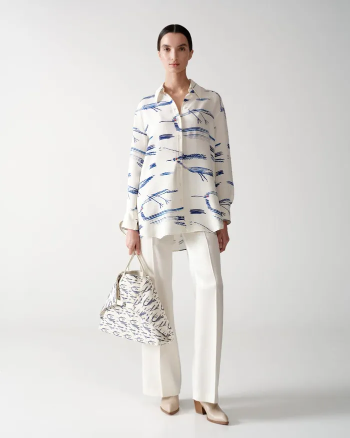 Wide Straight Leg Pants In Wool Satin Ivory Women Akris Pants
