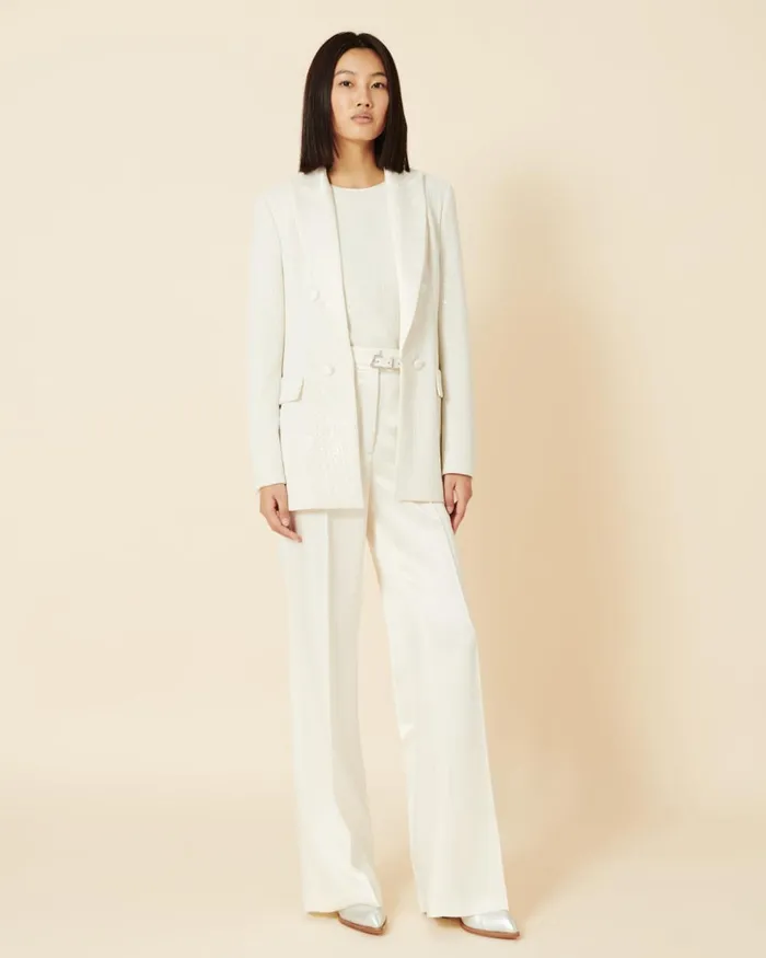 Wide Straight Leg Pants In Wool Satin Ivory Women Akris Pants