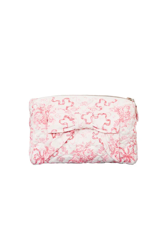 Women Bags and Travel LoveShackFancy Octavia Quilted Bow Cosmetic Travel Bag Bubblegum Blast