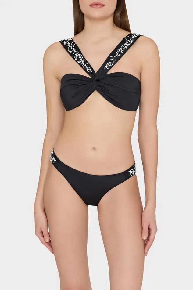 Women Bikinis Milly Beaded Applique Shoulder Draped Bikini Top Black Women Bikinis Milly Beaded Applique Shoulder Draped Bikini Top Black