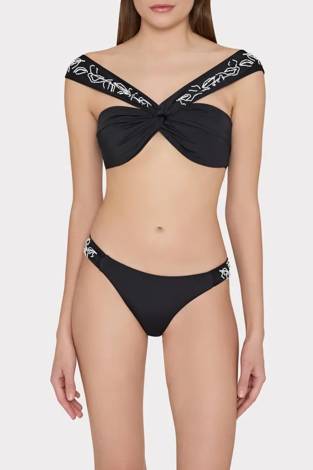 Women Bikinis Milly Beaded Applique Shoulder Draped Bikini Top Black Women Bikinis Milly Beaded Applique Shoulder Draped Bikini Top Black