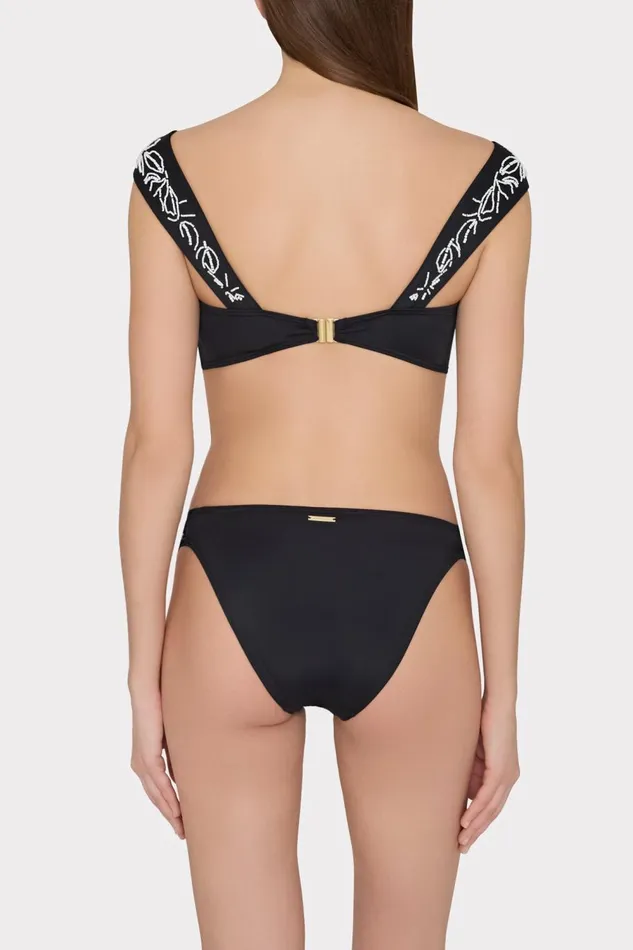 Women Bikinis Milly Beaded Applique Shoulder Draped Bikini Top Black Women Bikinis Milly Beaded Applique Shoulder Draped Bikini Top Black
