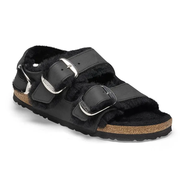 Women Birkenstock BackAnkleStrap Milano Big Buckle Shearling Black