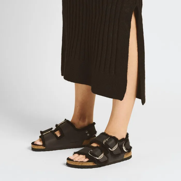Women Birkenstock BackAnkleStrap Milano Big Buckle Shearling Black