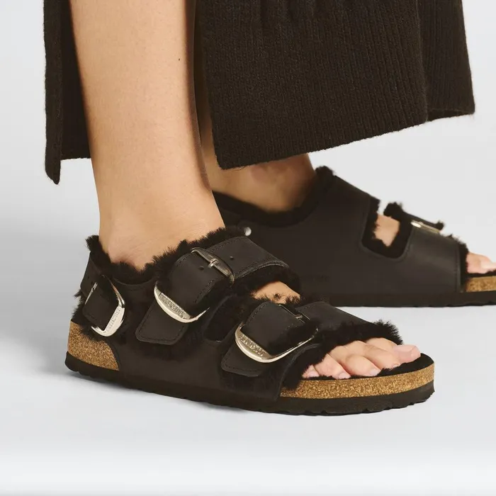 Women Birkenstock BackAnkleStrap Milano Big Buckle Shearling Black