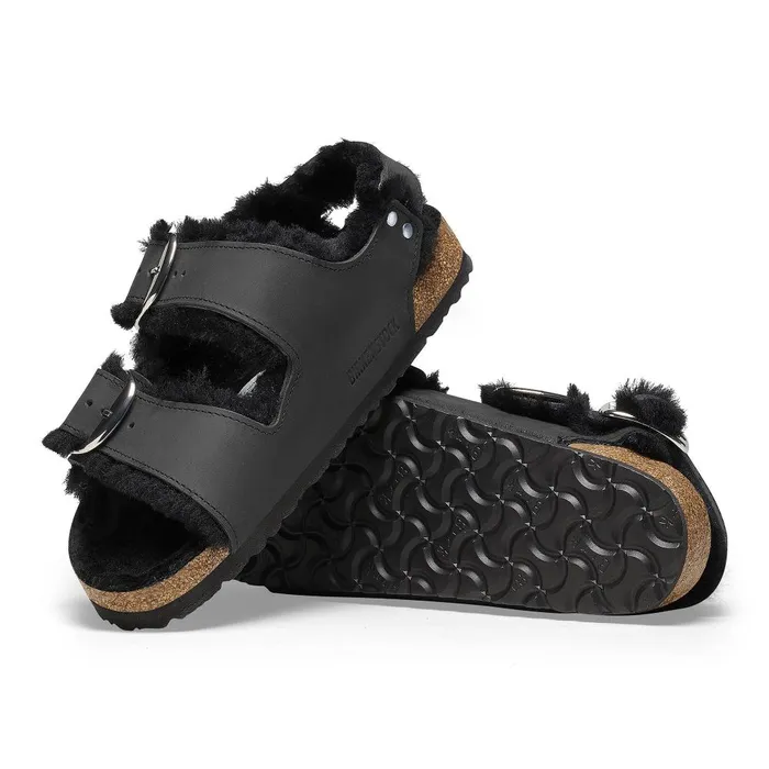 Women Birkenstock BackAnkleStrap Milano Big Buckle Shearling Black