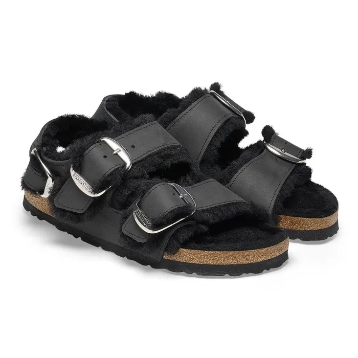 Women Birkenstock BackAnkleStrap Milano Big Buckle Shearling Black