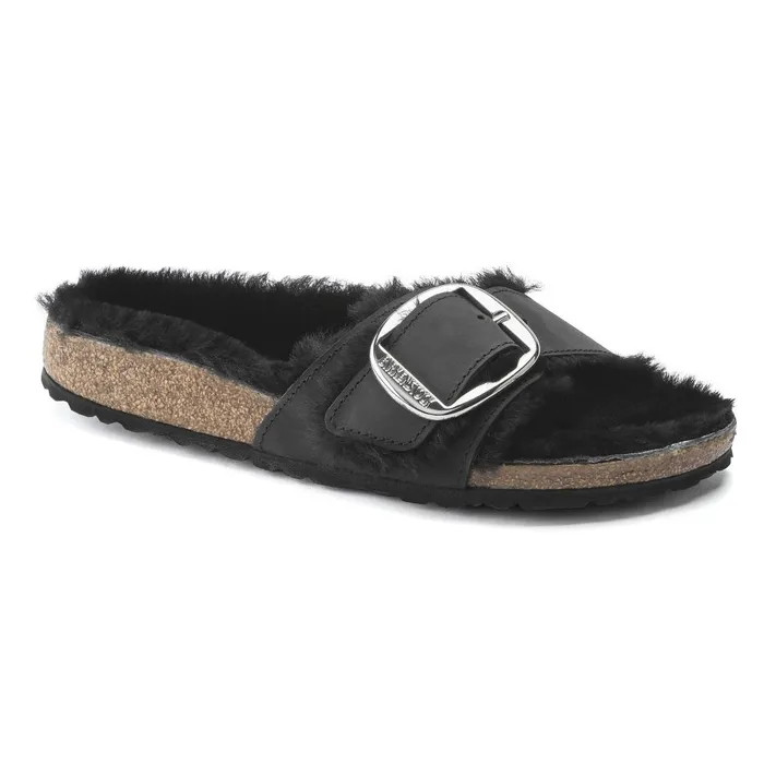 Women Birkenstock OneStrap Madrid Big Buckle Shearling Black