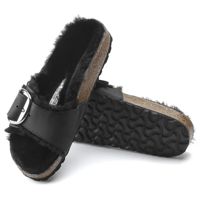 Women Birkenstock OneStrap Madrid Big Buckle Shearling Black