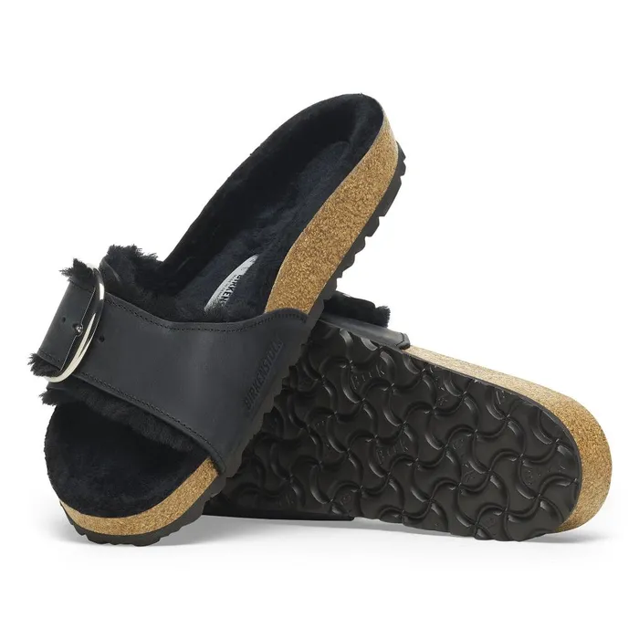Women Birkenstock OneStrap Madrid Big Buckle Shearling Black