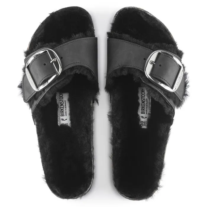 Women Birkenstock OneStrap Madrid Big Buckle Shearling Black