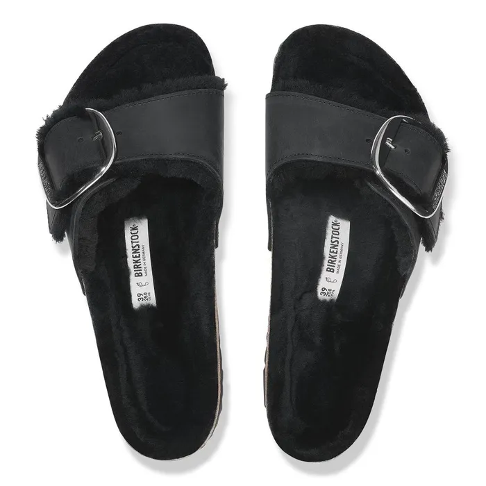 Women Birkenstock OneStrap Madrid Big Buckle Shearling Black