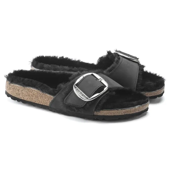 Women Birkenstock OneStrap Madrid Big Buckle Shearling Black