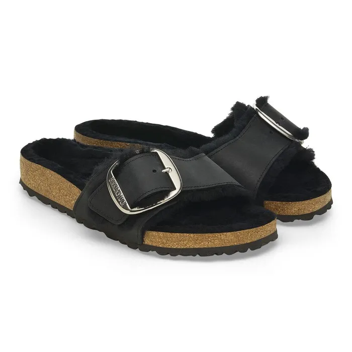 Women Birkenstock OneStrap Madrid Big Buckle Shearling Black