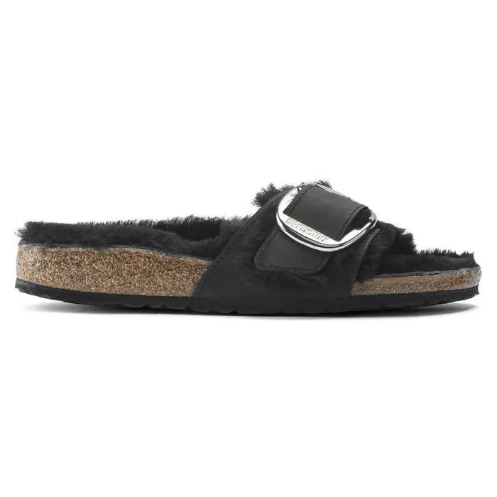 Women Birkenstock OneStrap Madrid Big Buckle Shearling Black