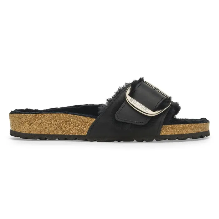 Women Birkenstock OneStrap Madrid Big Buckle Shearling Black