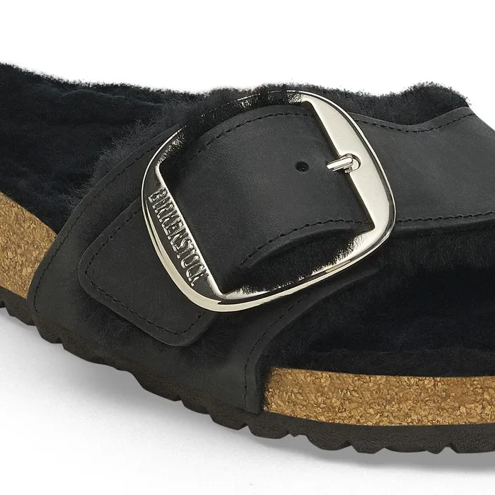 Women Birkenstock OneStrap Madrid Big Buckle Shearling Black