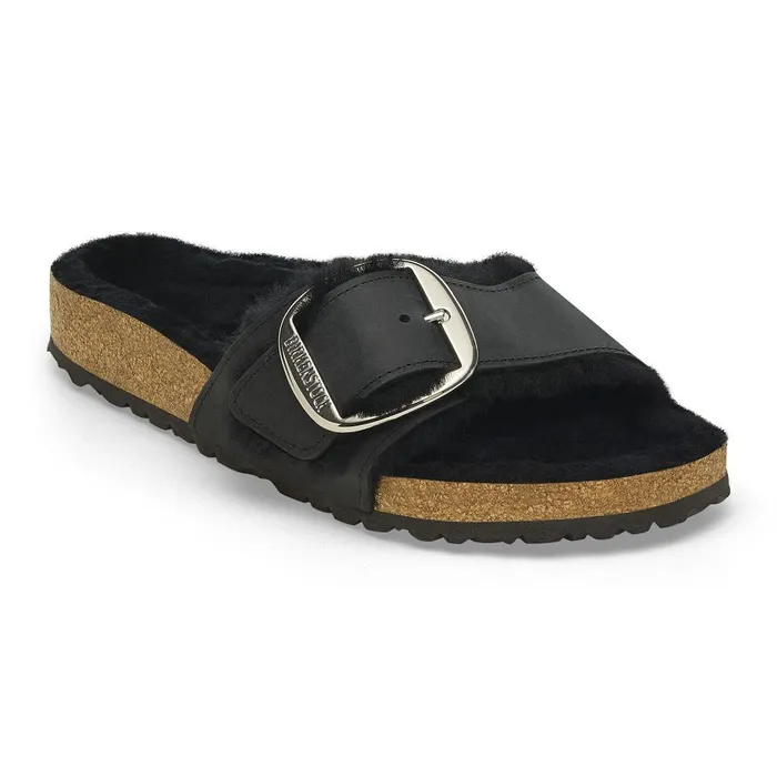 Women Birkenstock OneStrap Madrid Big Buckle Shearling Black