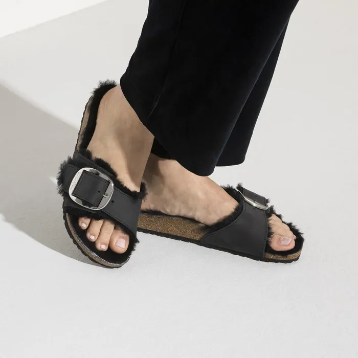 Women Birkenstock OneStrap Madrid Big Buckle Shearling Black