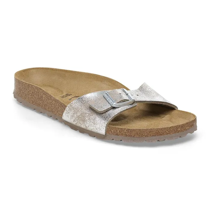 Women Birkenstock OneStrap Madrid Washed Metallic Silver