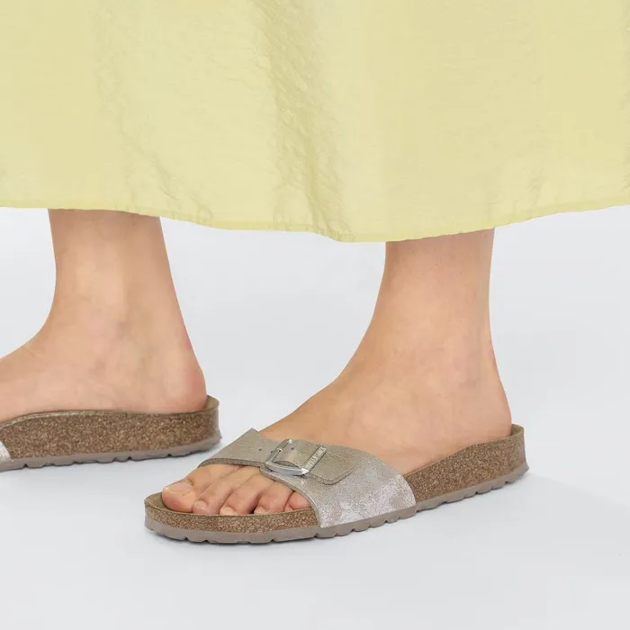 Women Birkenstock OneStrap Madrid Washed Metallic Silver