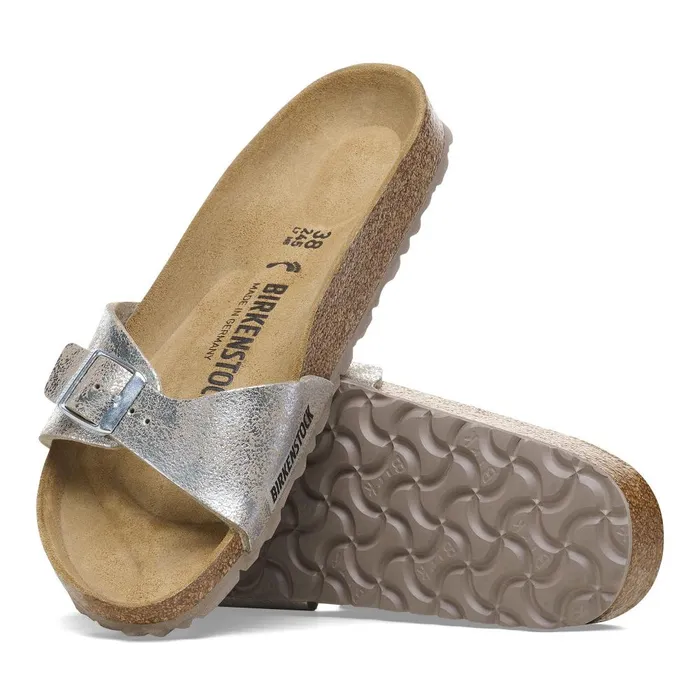 Women Birkenstock OneStrap Madrid Washed Metallic Silver