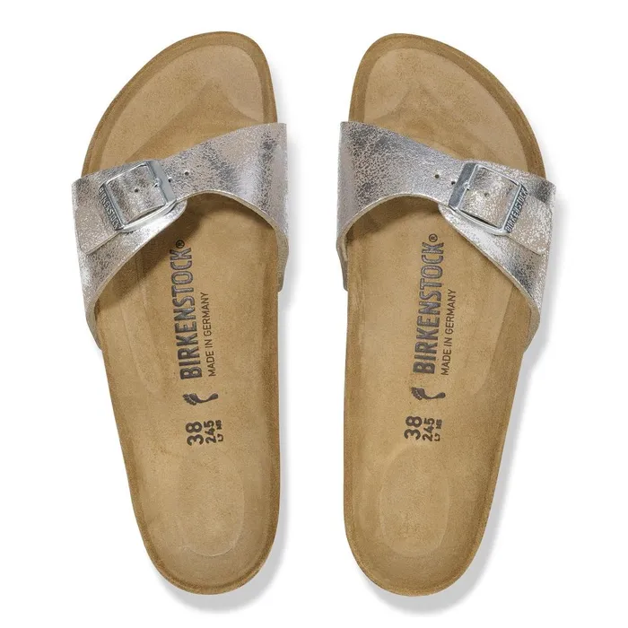 Women Birkenstock OneStrap Madrid Washed Metallic Silver