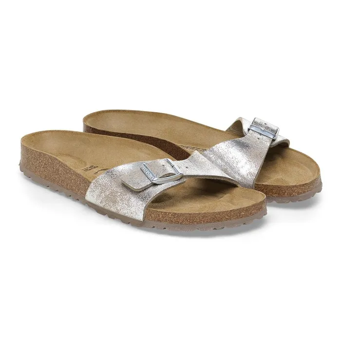 Women Birkenstock OneStrap Madrid Washed Metallic Silver