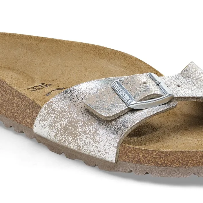 Women Birkenstock OneStrap Madrid Washed Metallic Silver