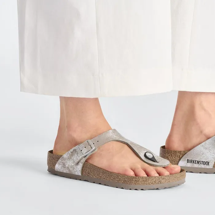 Women Birkenstock Thong Gizeh Washed Metallic Silver