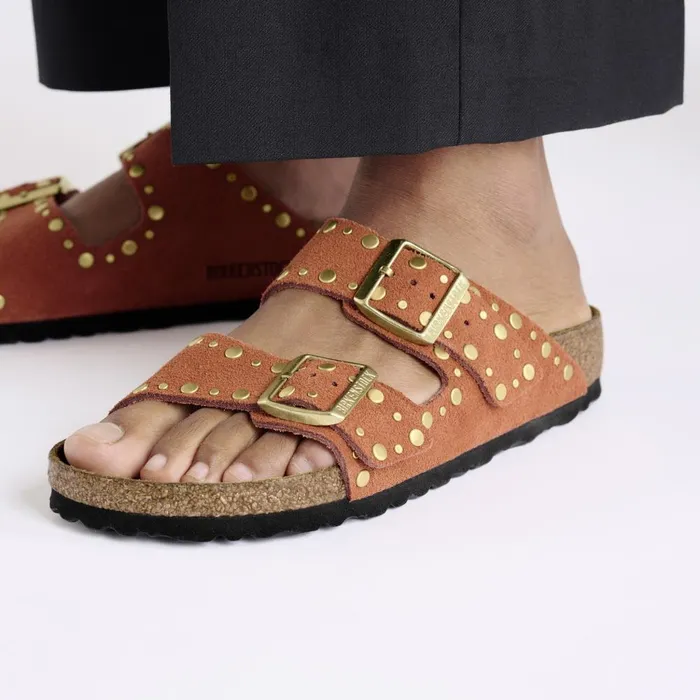 Women Birkenstock TwoStrap Arizona Rivet Dark Rust