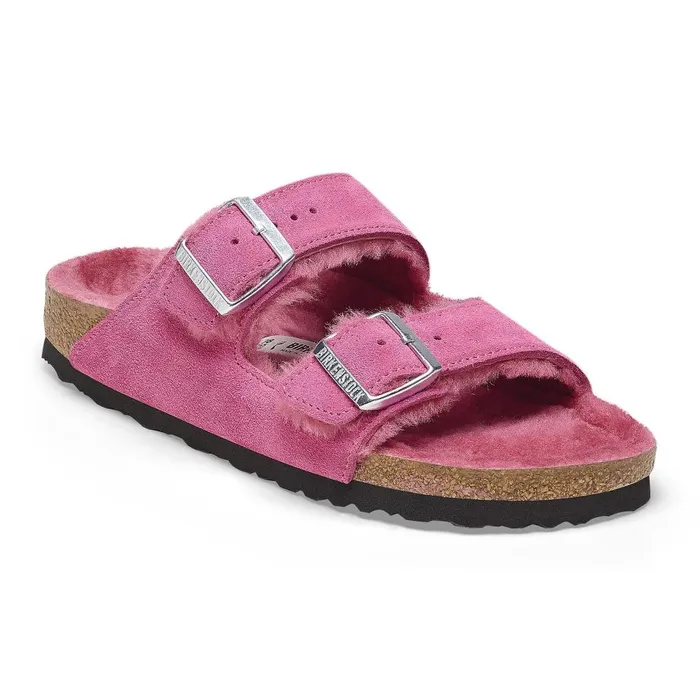 Women Birkenstock TwoStrap Arizona Shearling Fuchsia Tulip