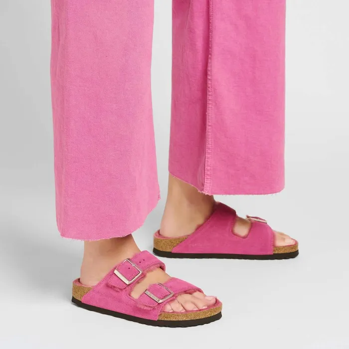 Women Birkenstock TwoStrap Arizona Shearling Fuchsia Tulip