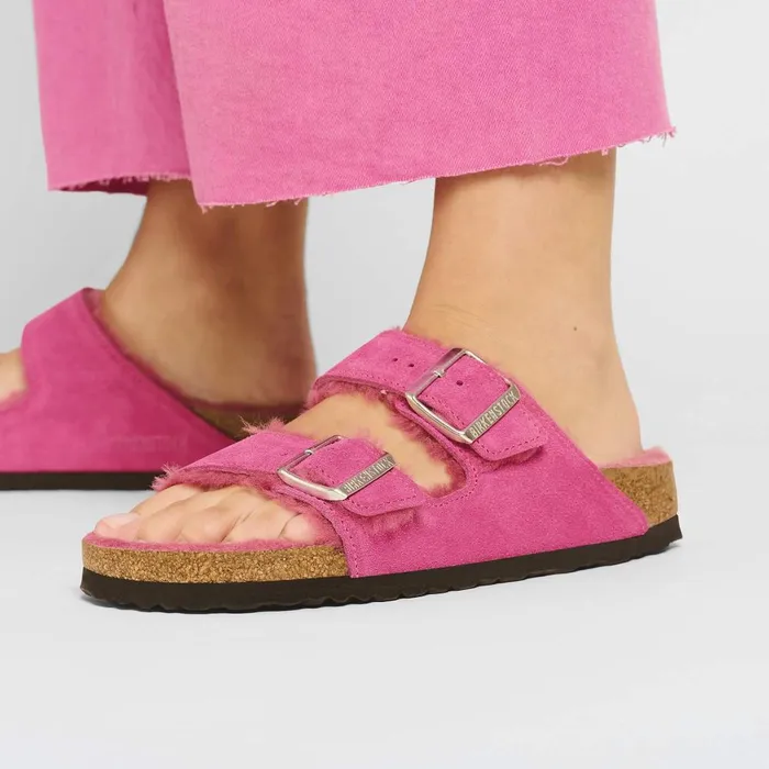 Women Birkenstock TwoStrap Arizona Shearling Fuchsia Tulip
