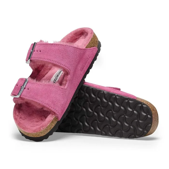 Women Birkenstock TwoStrap Arizona Shearling Fuchsia Tulip