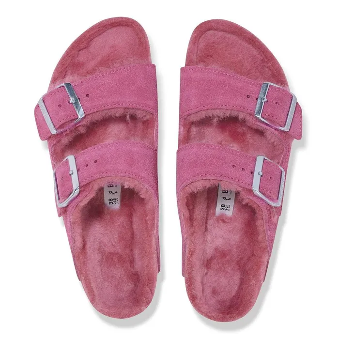 Women Birkenstock TwoStrap Arizona Shearling Fuchsia Tulip