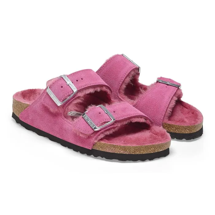 Women Birkenstock TwoStrap Arizona Shearling Fuchsia Tulip