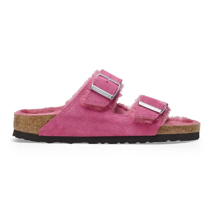 Women Birkenstock TwoStrap Arizona Shearling Fuchsia Tulip